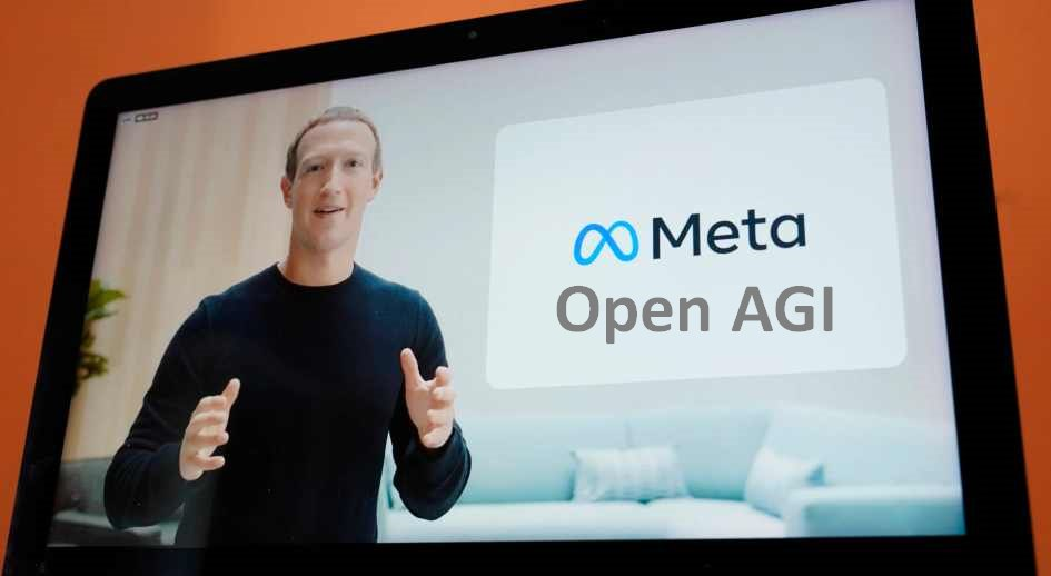 Một màn hình máy tính hiển thị Mark Zuckerberg đang thuyết trình, với biểu tượng Meta và dòng chữ "Open AGI" bên cạnh, thể hiện sự kiện công bố chiến lược phát triển AGI mã nguồn mở của công ty.