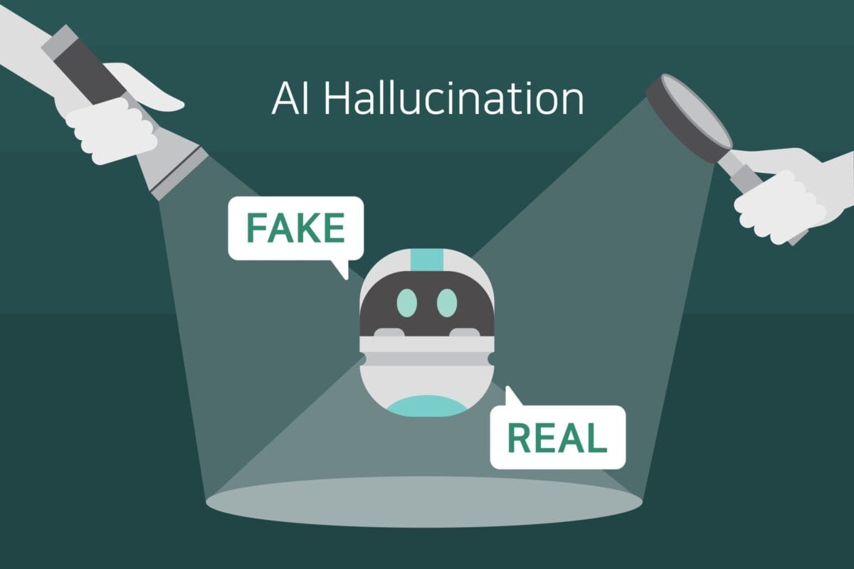 Minh họa hiện tượng ảo giác AI với robot được chiếu sáng, bên trái ghi 'FAKE', bên phải ghi 'REAL'